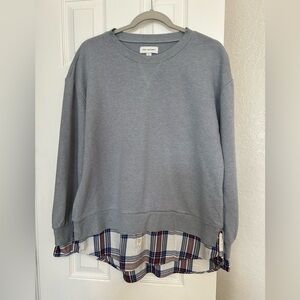 Free People Women's Gray Crewneck Pullover with  plaid layered detail